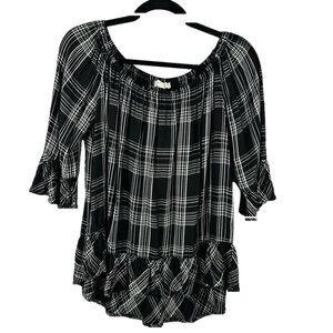 Beach Lunch Lounge Black Plaid On Off Shoulder Ruffled Top Large